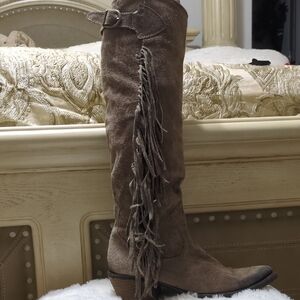 Carlos Santana Over the Knee Fringe Boots - Brown